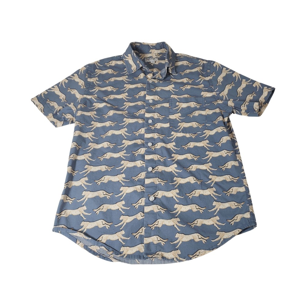 True Craft Mens Small Blue Cheetah Print Short Sleeve Button Down Shirt Stretch